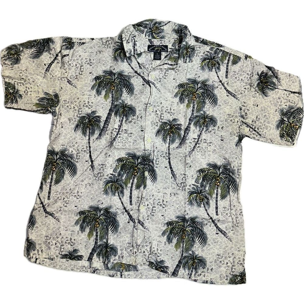 Newport Blue Island Brand Men's Size XL Hawaiian Shirt Coconut‎ Trees White Gray